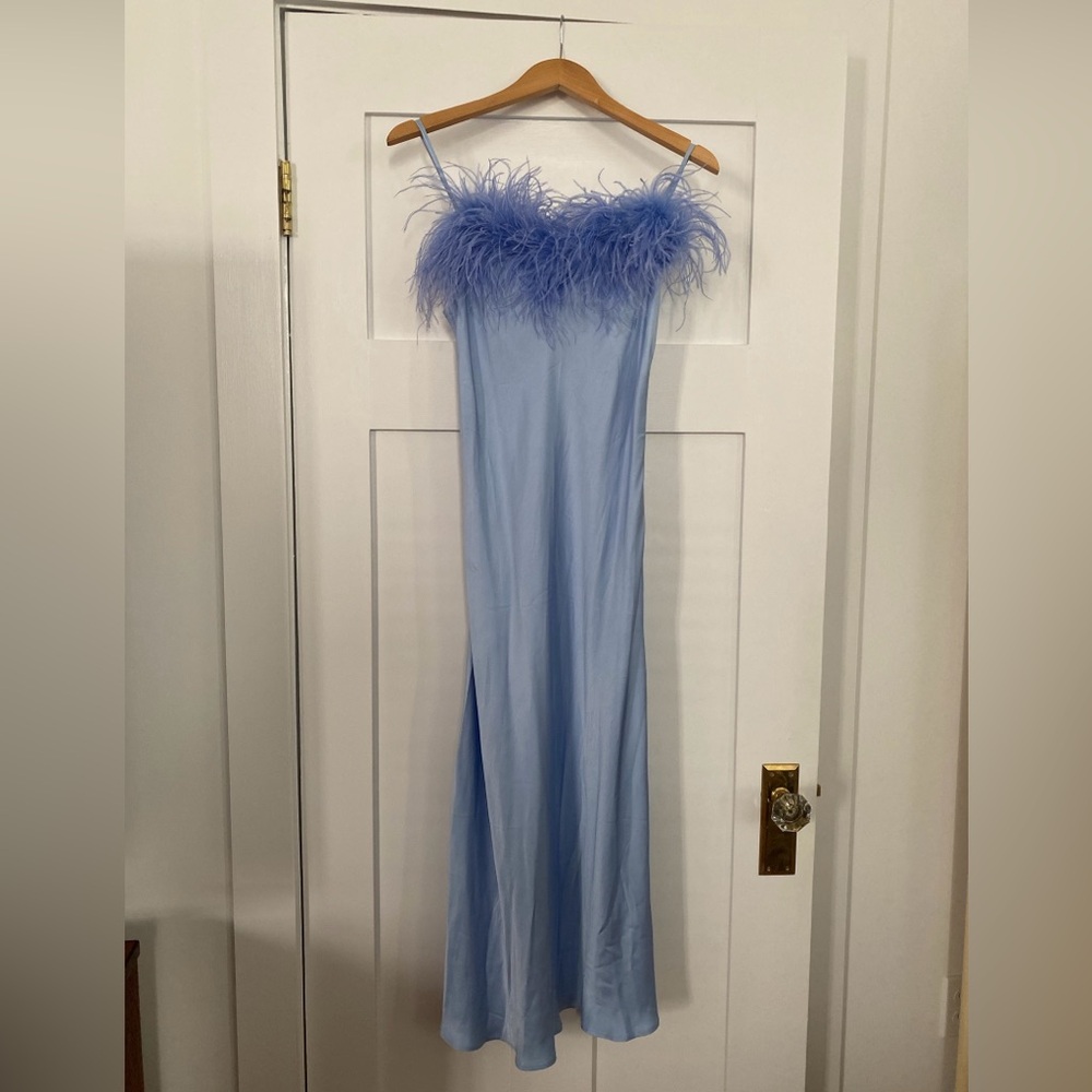 Sleeper Boheme Midi Slip Dress With Feathers In Blue Size S Small